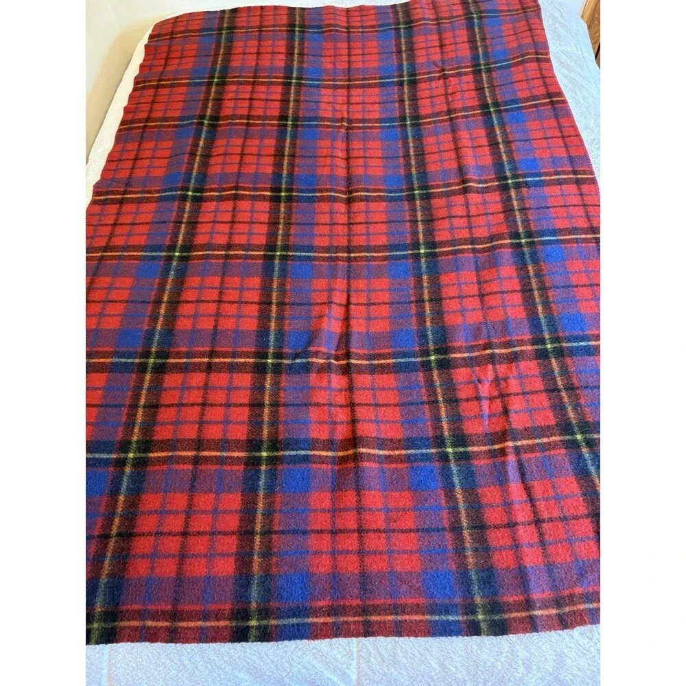 Vintage Acrylic Blanket Plaid Blue Red Black Yellow 70